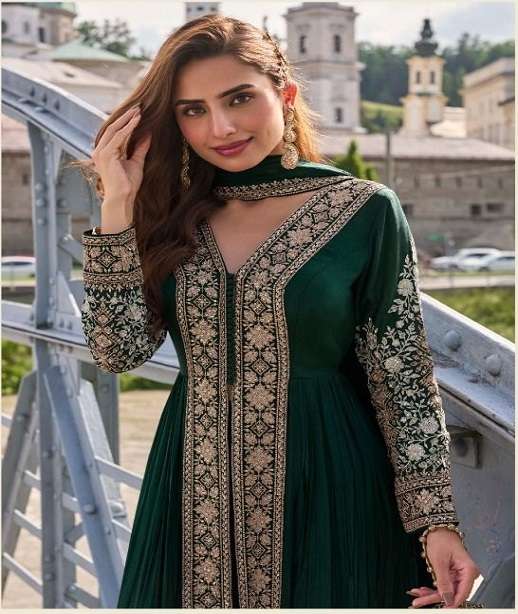 DESIGNER FANCY WEDDING PARTY WEAR REAL CHINON ANARKALI SALWAR SUIT GOWN GL FIZA 7631 COLOR