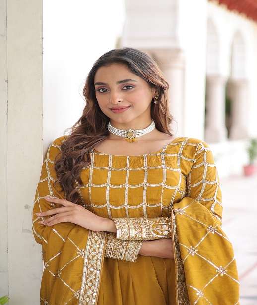 DESIGNER READYMADE GOLD CRUSH SILK ANARKALI GOWN COLLECTION LW 9304 COLOR