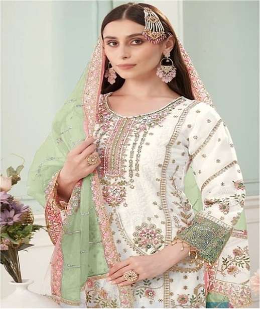 DESIGNER WEDDING PARTY WEAR FAUX GEORGETTE WHITE PAKISTANI SALWAR SUIT SHF 1197 VOLOR