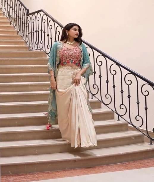 DESIGNER WEDDING PARTY WEAR MONO SILK SHRUG BLOUSE SKIRT SHARARA PALLAZO SALWAR SUIT DST 1-3