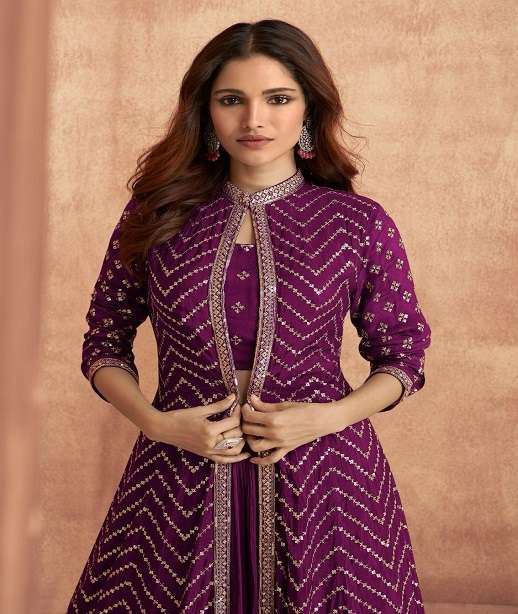 DESIGNER WEDDING PARTY WEAR PURE CHINON SILK KOTI BLOUSE SKIRT STYLE SALWAR SUIT SY IMPRESSION 9514 COLOR