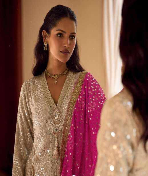 DESIGNER WEDDING PARTY WEAR PURE GEORGETTE SHARARA SALWAR SUIT SY SWAROSKI 10196-10199