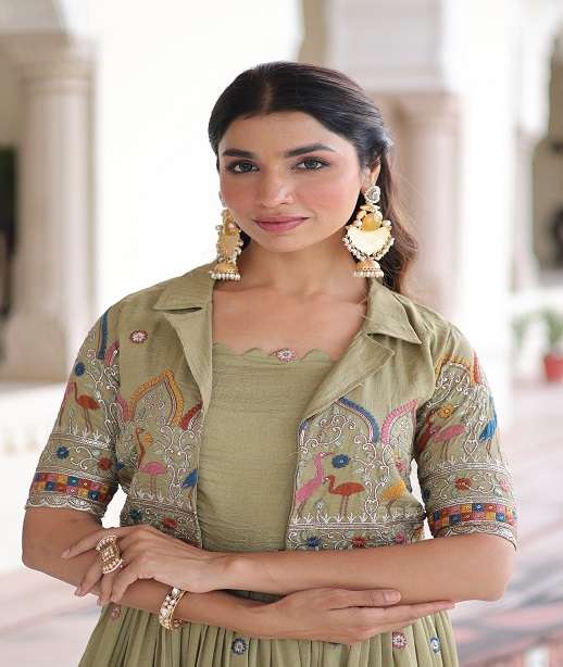 DESIGNER WEDDING PARTY WEAR VICHITRA SILK KOTI LONG GOWN ANARKALI SALWAR SUIT LW 9303 COLOR