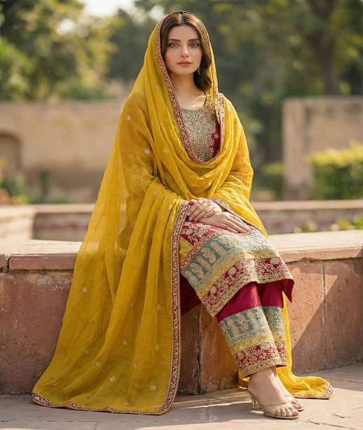 INDIAN DESIGNER FANCY WEDDING PARTY WEAR CHINON SILK PALLAZO SHARARA SALWAR SUIT SRH KB 3306