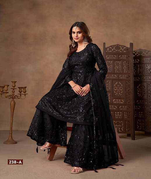 DESIGNER FANCY PARTY WEAR HEAVY NET FABRIC SHARARA SALWAR SUIT PALAZZO ANY 238 COLOR