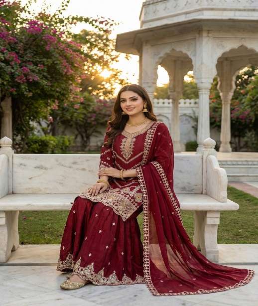 DESIGNER FANCY PARTY WEAR PREMIUM CHINON SILK SHARARA SALWAR SUIT PALAZZO KB SERIES 3314 COLOR