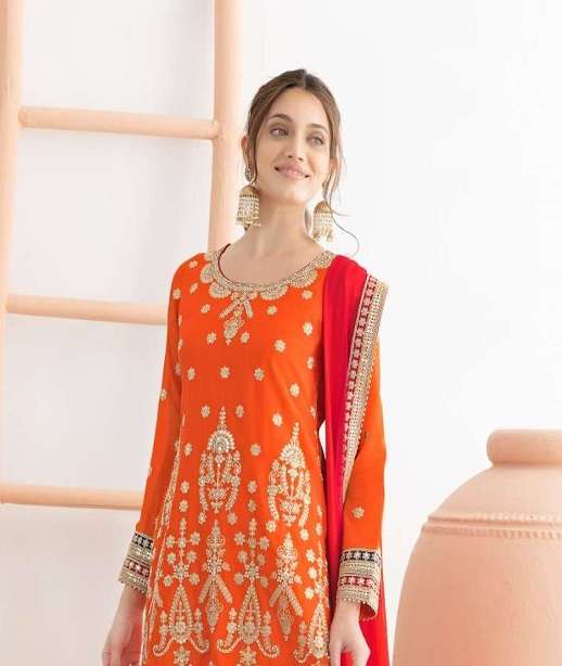 DESIGNER FANCY PARTY WEAR PREMIUM CHINON SILK SHARARA SALWAR SUIT PALAZZO HT 726 COLOR