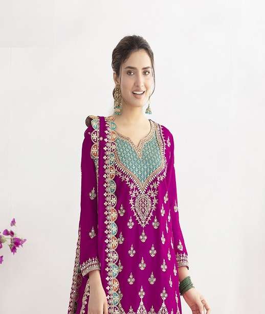 DESIGNER FANCY PARTY WEAR PREMIUM CHINON SILK SHARARA SALWAR SUIT PALAZZO HT 725 COLOR