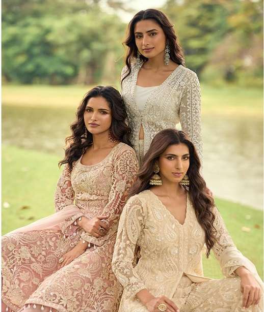 DESIGNER FANCY PARTY WEAR PREMIUM NET READYMADE SHARARA SALWAR SUIT PALAZZO SY SABNAM 10264-10267