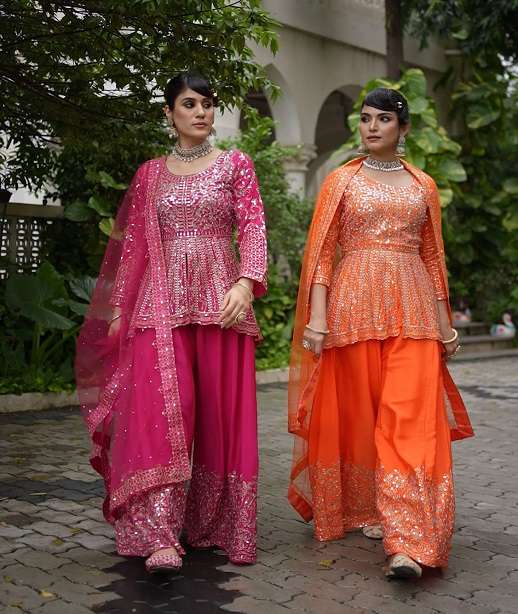 DESIGNER FANCY PARTY WEAR REAL CHINON READYMADE MIRROR WORK SHARARA SALWAR SUIT PALAZZO SENHORA SAHIBA 3107 COLOR