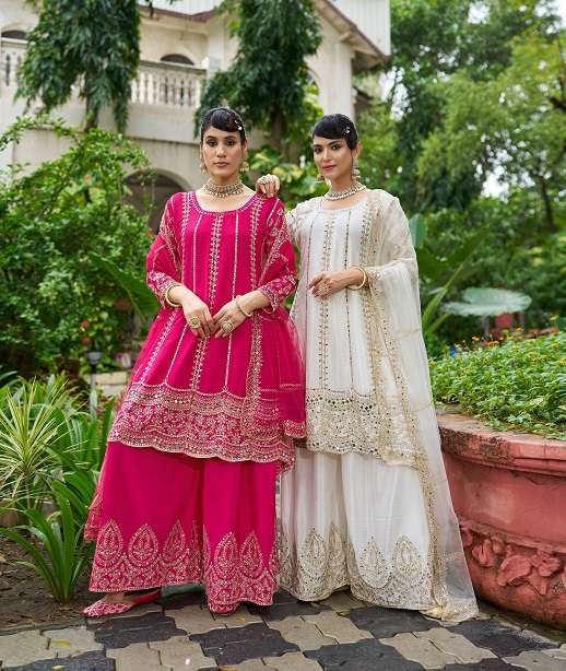 DESIGNER FANCY PARTY WEAR REAL CHINON REAL MIRROR SHARARA SALWAR SUIT PALAZZO SENHORA SAHIBA 3106 COLOR