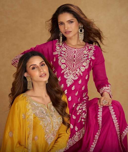 DESIGNER FANCY PARTY WEAR REAL CHINON SILK READYMADE SHARARA SALWAR SUIT PALAZZO GL NIRVI 7609-7611