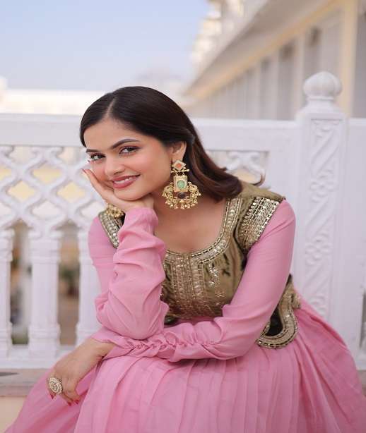 DESIGNER FANCY WEDDING PARTY WEAR CHANDERI SILK ANARKALI SALWAR SUIT GOWN LW 9317 COLOR