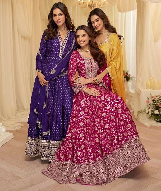 DESIGNER FANCY WEDDING PARTY WEAR PURE VISCOS JACQUARD SILK ANARKALI SALWAR SUIT GOWN SY AARADHANA 10238-10240