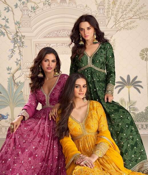 DESIGNER FANCY WEDDING PARTY WEAR REAL CHINON BANDHANI PRINT ANARKALI SALWAR SUIT GOWN SY 10215-10217