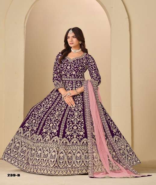 DESIGNER FANCY WEDDING PARTY WEAR VELVET ANARKALI SALWAR SUIT GOWN ANY 239 COLOR
