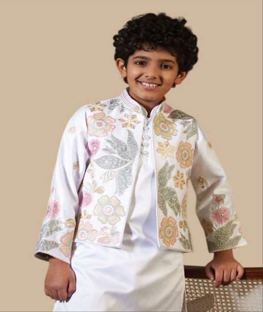 DESIGNER KIDS WEAR WHITE KOTI KURTA SET SATIN SILK KIDS KOTI KURTA SHERWANI SET KF 91081-91084