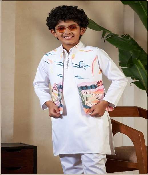 DESIGNER KIDS WEAR WHITE KOTI KURTA SET SATIN SILK KIDS KOTI KURTA SHERWANI SET KF 91071-91073