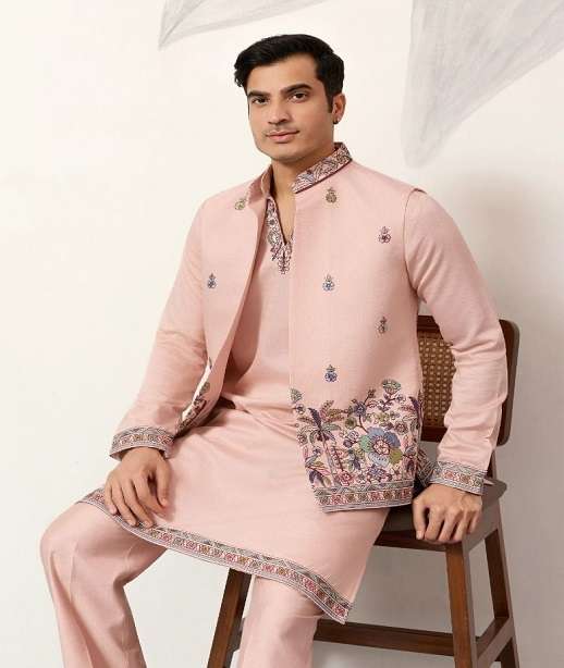 DESIGNER PARTY WEAR READYMADE INDIAN MENS VISCOSE SILK KOTI KURTA KF 61651-61655