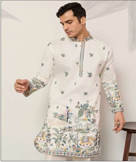 DESIGNER PARTY WEAR READYMADE MENS SILK KURTA WITH THREAD SEQUENCE WORK KF 61601-61606