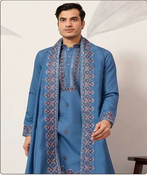 DESIGNER WEDDING PARTY WEAR READYMADE INDIAN MENS VISCOSE SILK KURTA KF 21071-21074