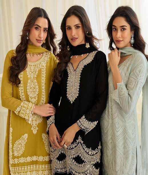 DESIGNER WEDDING PARTY WEAR REAL CHINON READYMADE SALWAR SUIT WITH BEADS MOTI WORK SY HOOR 10232-10236