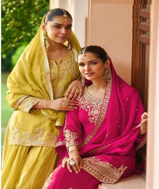 DESIGNER WEDDING PARTY WEAR REAL CHINON SHARARA SALWAR SUIT SY AMULYA 7653-7655