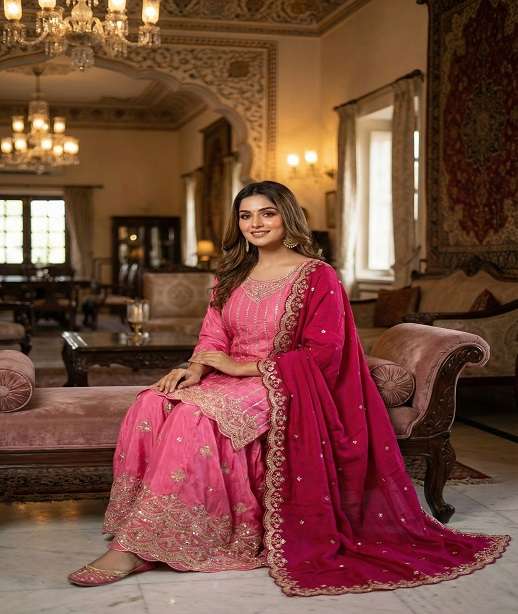 DESIGNER WEDDING PARTY WEAR REAL CHINON SHARARA SALWAR SUIT KB 3311-3313