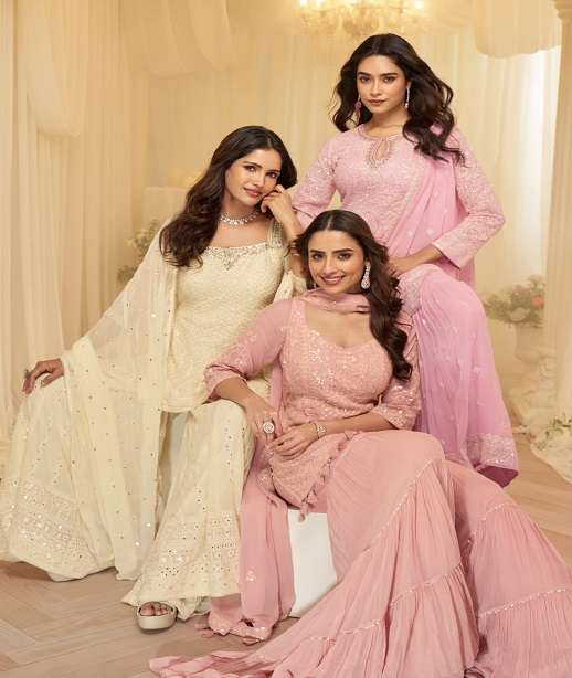 DESIGNER WEDDING PARTY WEAR REAL GEORGETTE CHIKAN WORKN SHARARA SALWAR SUIT SY ASMITA 10203-1025