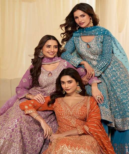 DESIGNER WEDDING PARTY WEAR REAL GEORGETTE SHARARA PALLAZO SALWAR SUIT SY AVANTIKA 10279-10281