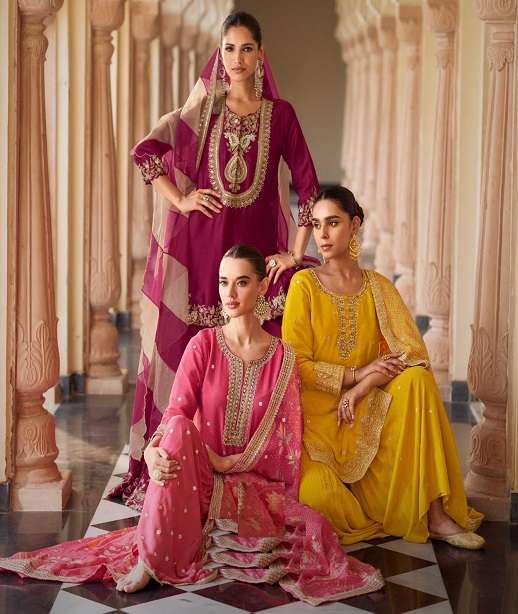 DESIGNER WEDDING PARTY WEAR REAL SILK SHARARA PALLAZO SALWAR SUIT SY SAVERA 5753-5756