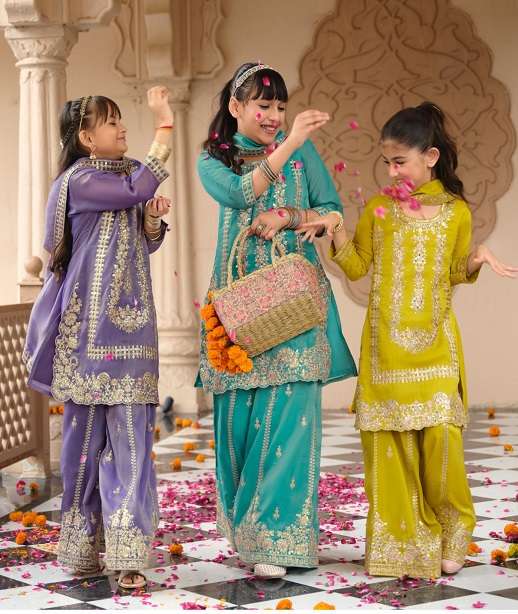 DESIGNER FANCY WEDDING PARTY WEAR GIRLS SHARARA SALWAR SUIT COLLECTION IN SIMER SILK EB KROHI 11-14