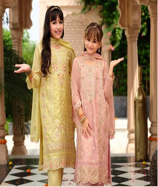 DESIGNER FANCY WEDDING PARTY WEAR SHARARA SALWAR SUIT COLLECTION FOR BABY GIRLS IN ORGANZA SILK EB DAZZLE 23-25