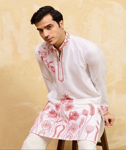 DESIGNER GREY PARTY WEAR READYMADE MENS KHADI SILK KURTA WITH THREAD SEQUENCE WORK KF 21101-21109