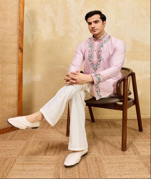 DESIGNER PARTY WEAR READYMADE MENS KAHDI SILK KURTA WITH THREAD SEQUENCE WORK KF 21091-21095