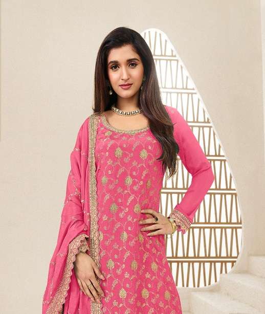 DESIGNER WEDDING PARTY WEAR CHINON JACQUARD PALAZZO SHARARA SALWAR SUIT RH KARVA 77371-77376