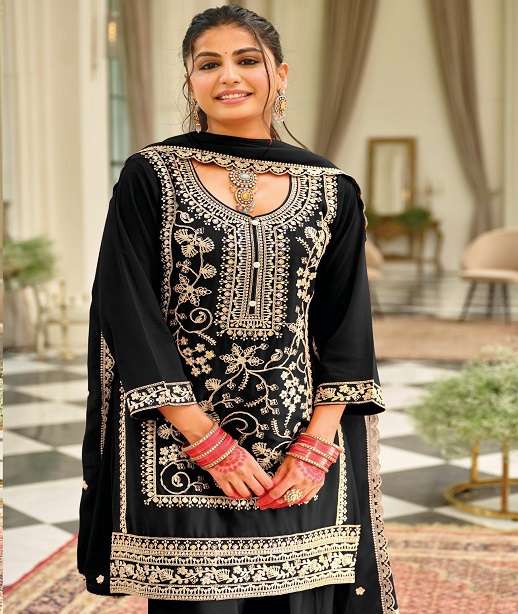 DESIGNER WEDDING PARTY WEAR CHINON SILK BLUE SHARARA SALWAR SUIT EB FARSHI 2171-2172