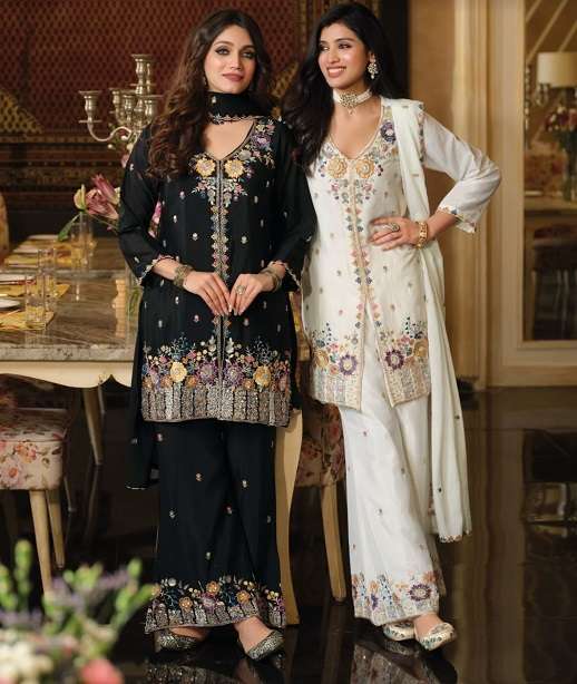 DESIGNER WEDDING PARTY WEAR CHINON SILK READYMADE SHARARA PALLAZO SALWAR SUIT EB SANVI 2426-2427