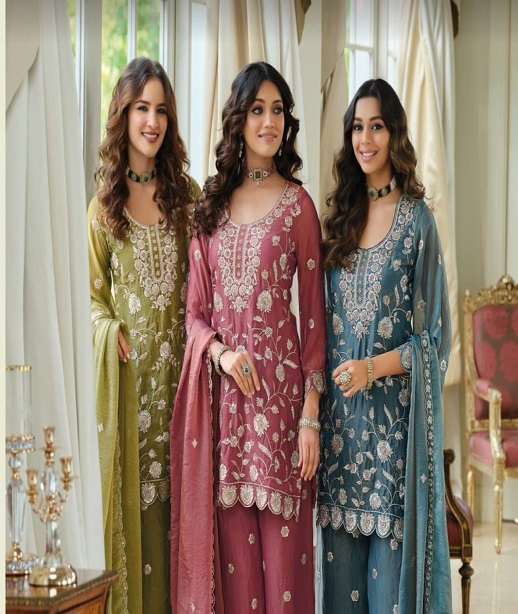 DESIGNER WEDDING PARTY WEAR CHINON SILK SHARARA PALLAZO SALWAR SUIT EB MEHROON 2387-2388