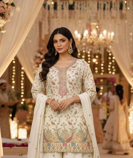 DESIGNER WEDDING PARTY WEAR CHINON SILK SHARARA PALLAZO SALWAR SUIT HT 5103 COLOR