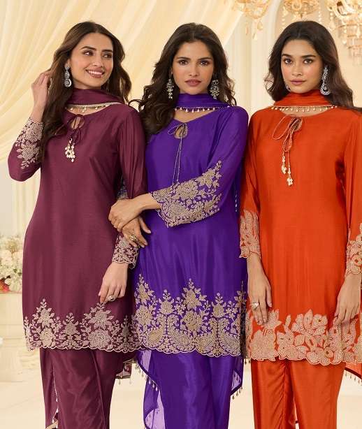 DESIGNER WEDDING PARTY WEAR CHINON SILK SHARARA PALLAZO SALWAR SUIT SY 10293-10295