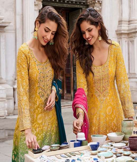 DESIGNER WEDDING PARTY WEAR JAQAUARD SILK GEORGETTE SHARARA SALWAR SUIT SY SUGANDH 10282-10283