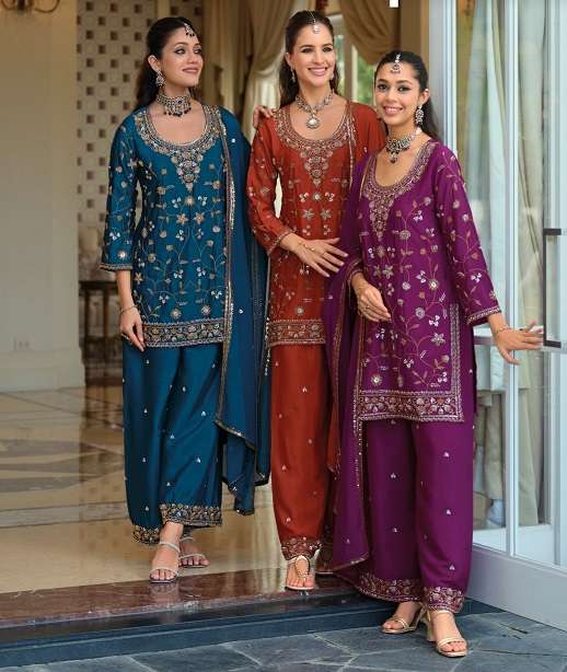 DESIGNER WEDDING PARTY WEAR REAL CHINON PALAZZO SHARARA SALWAR SUIT EB TASROOP 2319-2321