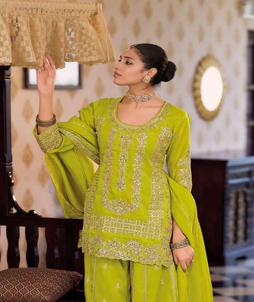 DESIGNER WEDDING PARTY WEAR REAL CHINON PALAZZO SHARARA SALWAR SUIT EB AFRIN 1851-1853