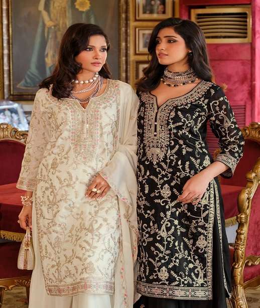 DESIGNER WEDDING PARTY WEAR REAL CHINON PALAZZO SHARARA SALWAR SUIT EB 1965-1968