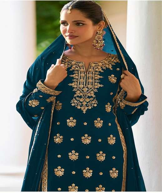 DESIGNER WEDDING PARTY WEAR REAL CHINON PALAZZO SHARARA SALWAR SUIT GL FARIDA 7671 COLOR