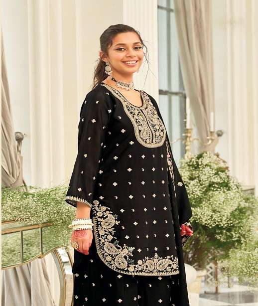 DESIGNER WEDDING PARTY WEAR REAL CHINON PALAZZO SHARARA SALWAR SUIT EB SAAJ 2173-2174