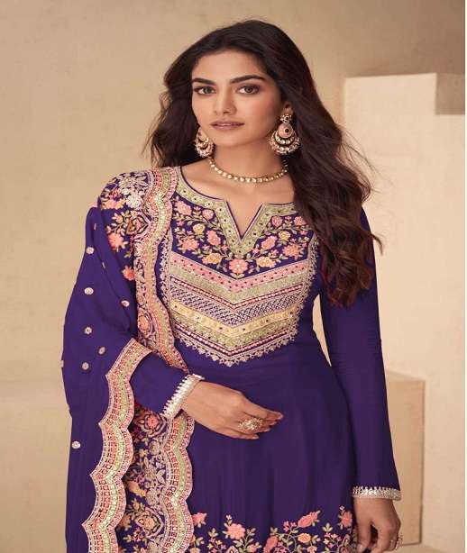 DESIGNER WEDDING PARTY WEAR REAL CHINON PALAZZO SHARARA SALWAR SUIT GL ARCHANA 7547 COLOR