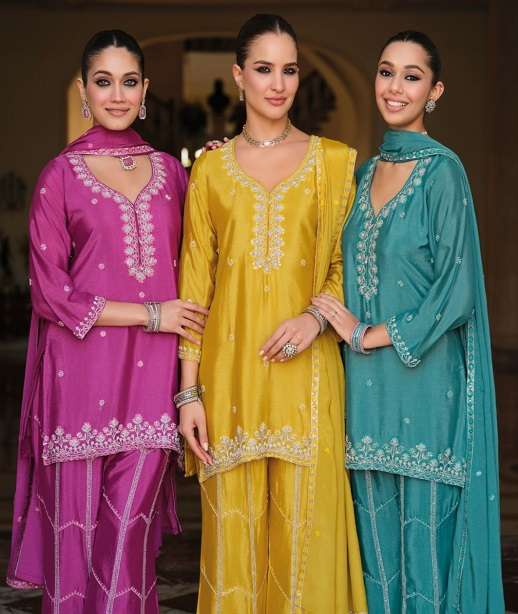 DESIGNER WEDDING PARTY WEAR REAL CHINON PALAZZO SHARARA SALWAR SUIT EB MIRHA 2336-2338