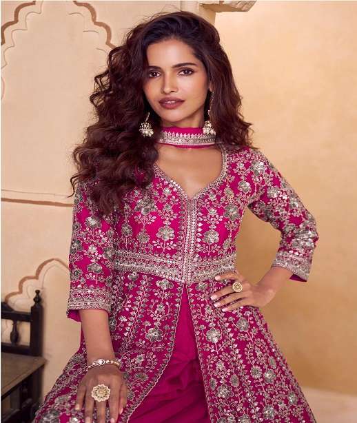 DESIGNER WEDDING PARTY WEAR REAL CHINON PALAZZO SHARARA SALWAR SUIT GL SEERAT 7666 COLOR